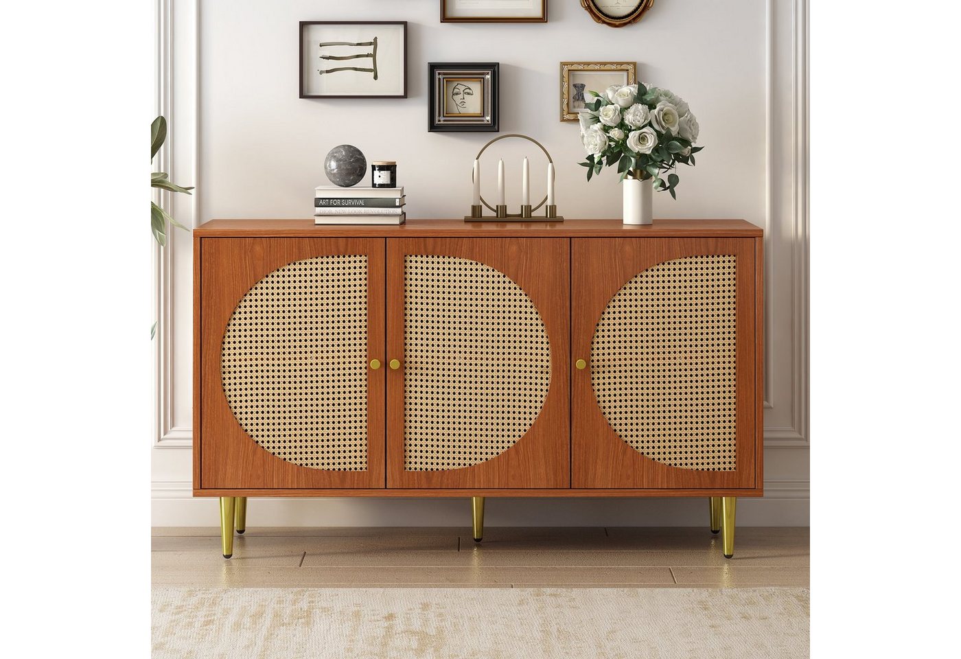 Celya Sideboard Sideboard mit 3 Rattan verzierten Türen Kommode Highboard,130cm, mit Metallgriffe, für Schlafzimmer, Wohnräume, 129.8x 40x 76cm von Celya