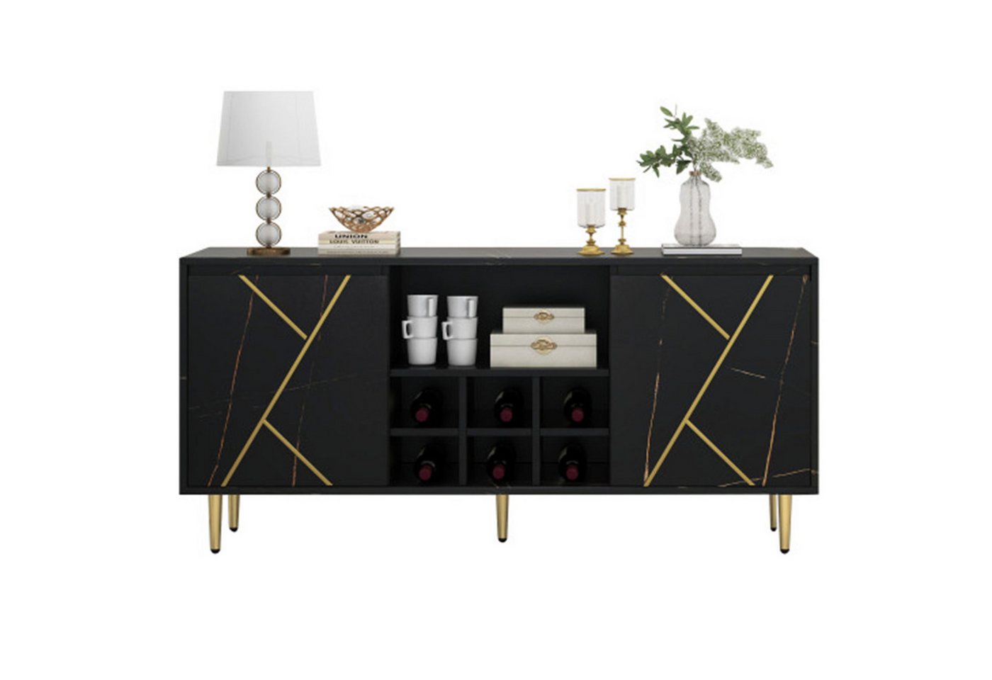 Celya Sideboard in Schwarz-Gold mit Weinregal und praktischem Design 148x40x70cm, 2 Schranktüren, 1 großes Mittelfach & 6 kleine Fächer von Celya