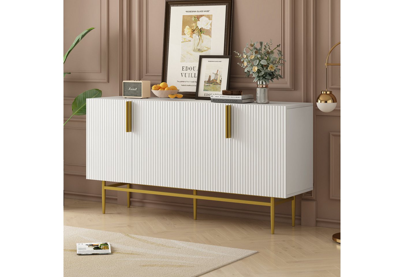 Celya Sideboard mit 4 Türen, Goldfarbener Metallgriff, 152.5x40.5x80cm(L/B/H) von Celya