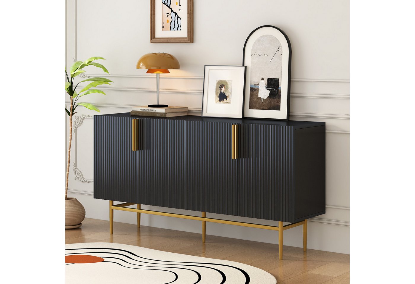 Celya Sideboard mit 4 Türen, Goldfarbener Metallgriff, 152.5x40.5x80cm(L/B/H) von Celya