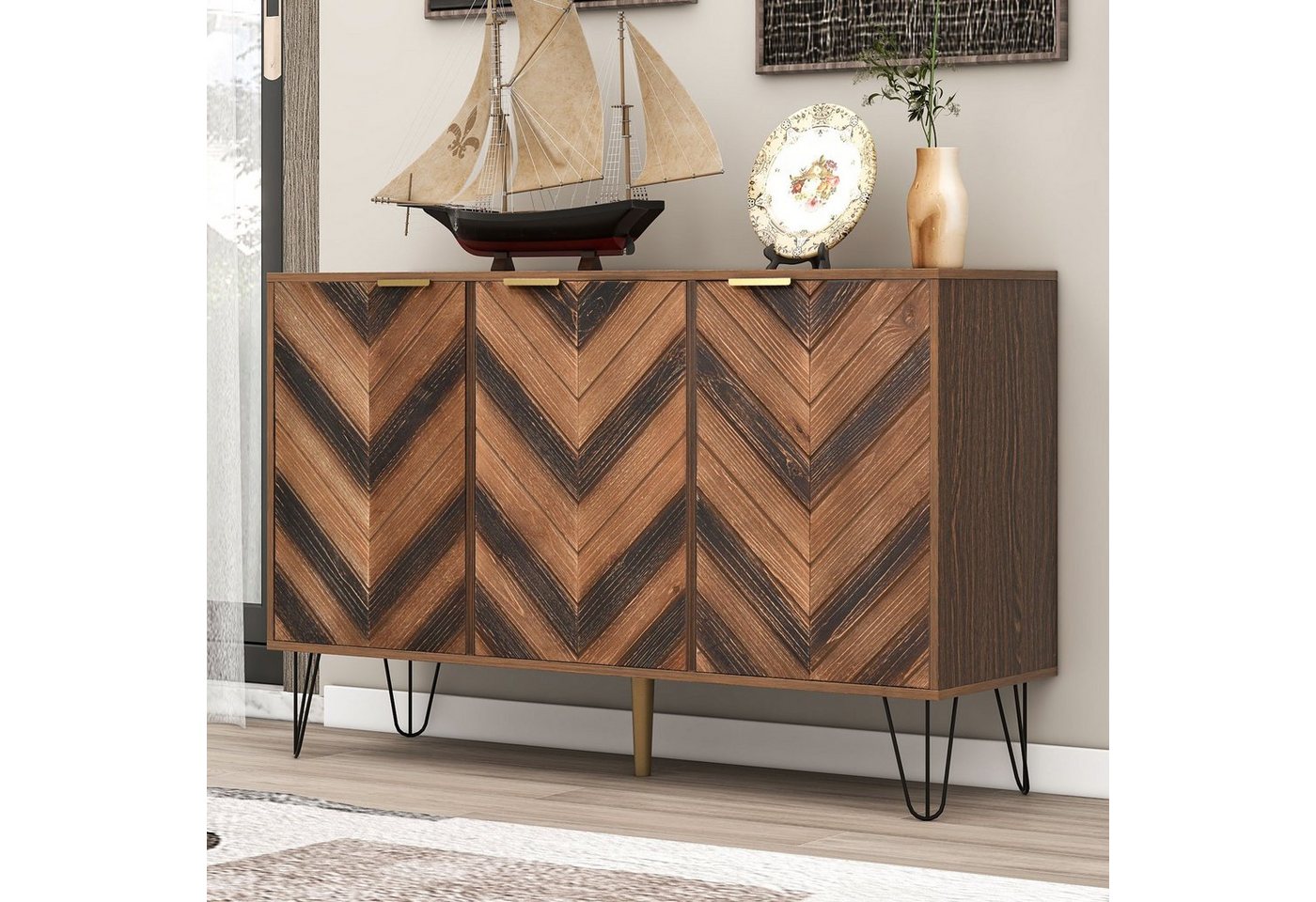 Celya Sideboard mit drei Türen, mit stilvollen Details und großzügigem Stauraum, Tür aus Massivholzfurnier, konkave und konvexe Haptik, Enthält Laminate von Celya