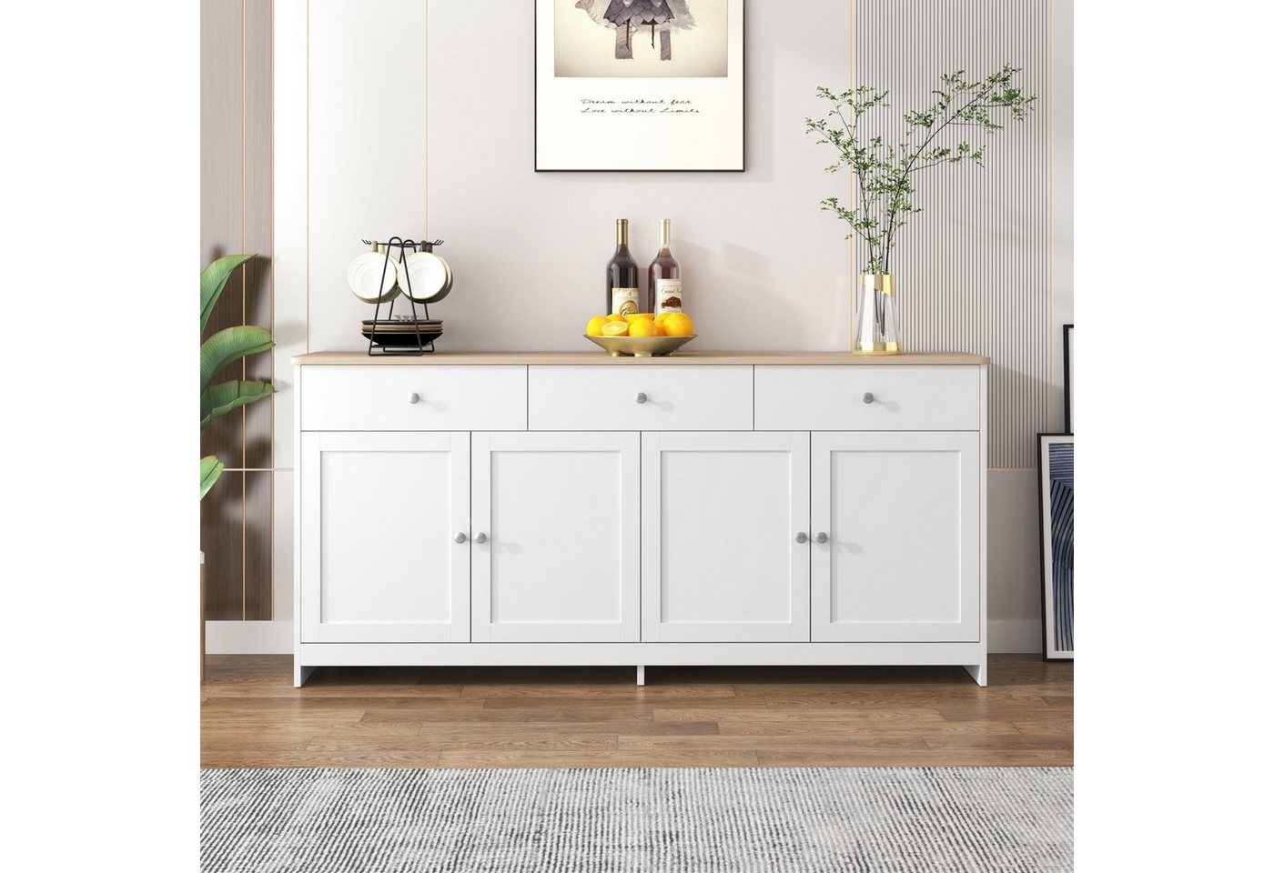 Celya Sideboard mit vier Türen,drei Schubladen,Küchenschrank, Kommode Weiß, 160 L x 37 B x 75H(cm), Wohnzimmer, Esszimmer von Celya