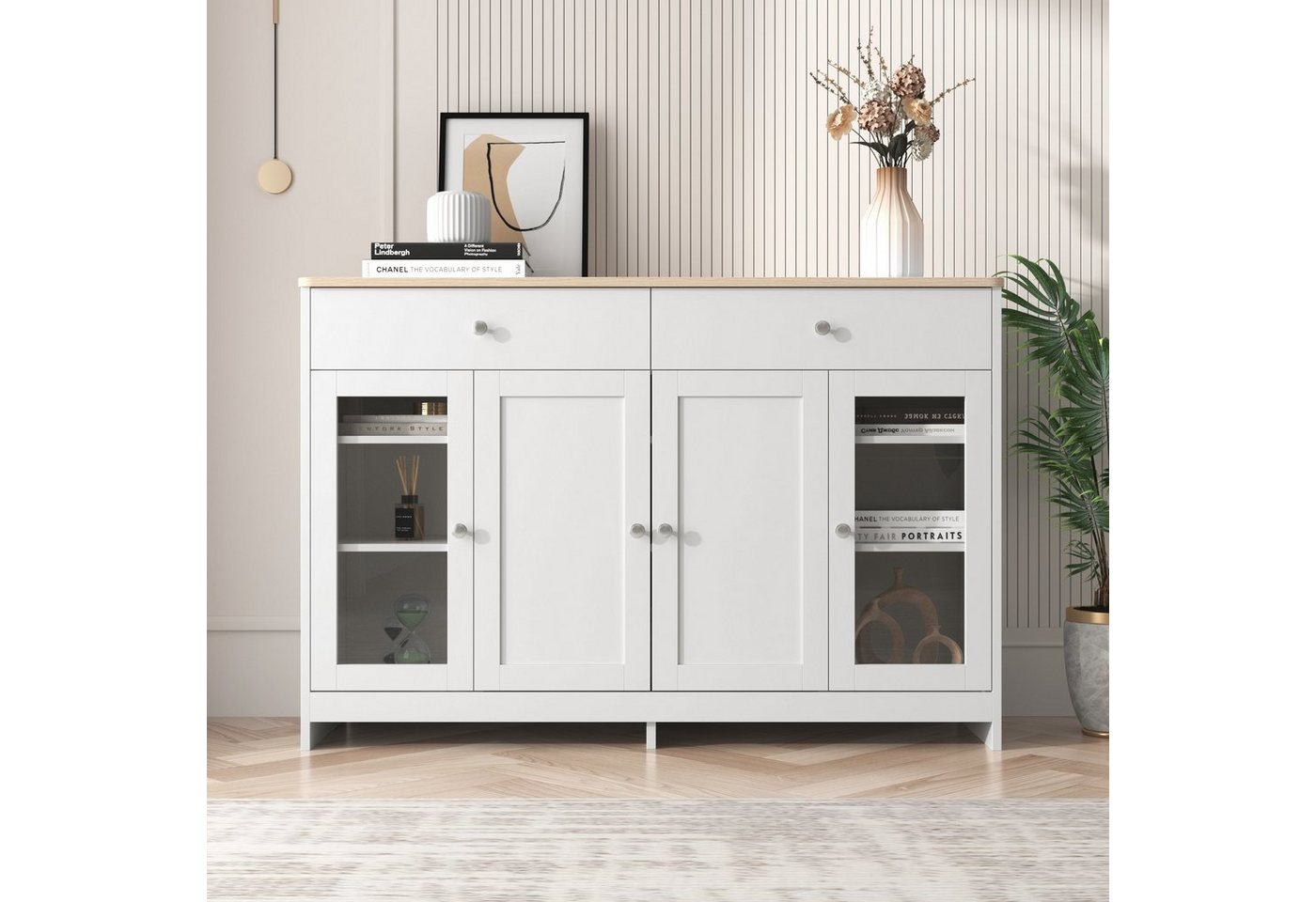 Celya Sideboard mit vier Türen,drei Schubladen,Küchenschrank, Kommode Weiß, Wohnzimmer, Esszimmer, 120 L x 37 B x 80H(cm) von Celya