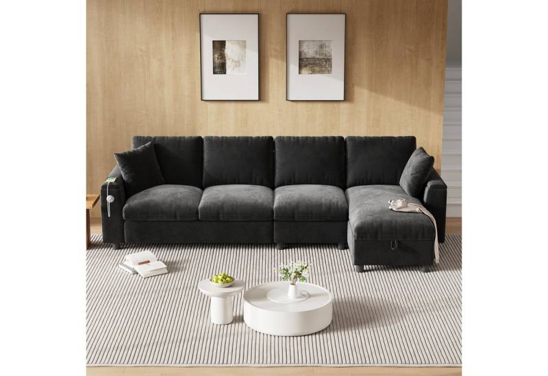 Celya Sofa Chenille-Stoffsofa, L-förmige Ecke und zwei Armlehnen mit Stauraum, L-förmiger Teil kann links oder rechts platziert werden, Ausklappbarer Couchtisch mit zwei Getränkehaltern Celya Sofa Chenille-Stoffsofa, L-förmige Ecke und zwei Armlehnen mit Stauraum, L-förmiger Teil kann links oder rechts platziert werden, Ausklappbarer Couchtisch mit zwei Getränkehaltern von Celya