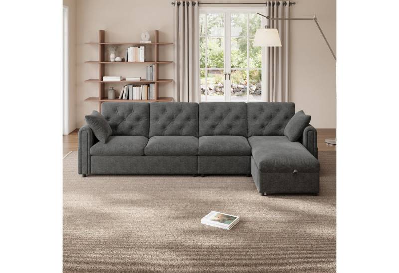 Celya Sofa Moderns Samt sofa mit Stauraum im Eckbereich, Grau. (281×86×71 cm), L-förmiger Stauraum im Eckbereich links und rechts verstellbar von Celya
