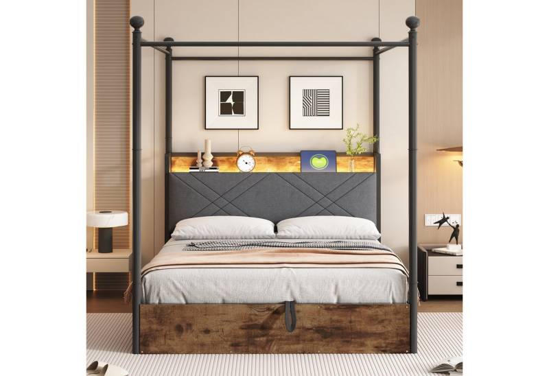 Celya Stauraumbett Multifunktionales Eisenbett, mit abnehmbaren Bettpfosten (140*190cm, mit LED-Beleuchtung und USB-/Typ-C,Jugendbett, Ohne Matratze), mit Hydraulisch anhebbarer Bettstauraum und schmiedeeisernem Baldachin von Celya