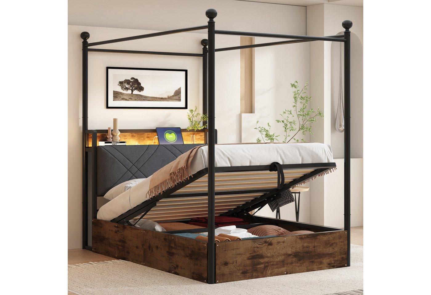 Celya Stauraumbett Multifunktionales Eisenbett, mit abnehmbaren Bettpfosten (Ohne Matratze, 90*190cm, mit LED-Beleuchtung und USB-/Typ-C,Jugendbett, Ohne Matratze), mit Hydraulisch anhebbarer Bettstauraum und schmiedeeisernem Baldachin von Celya