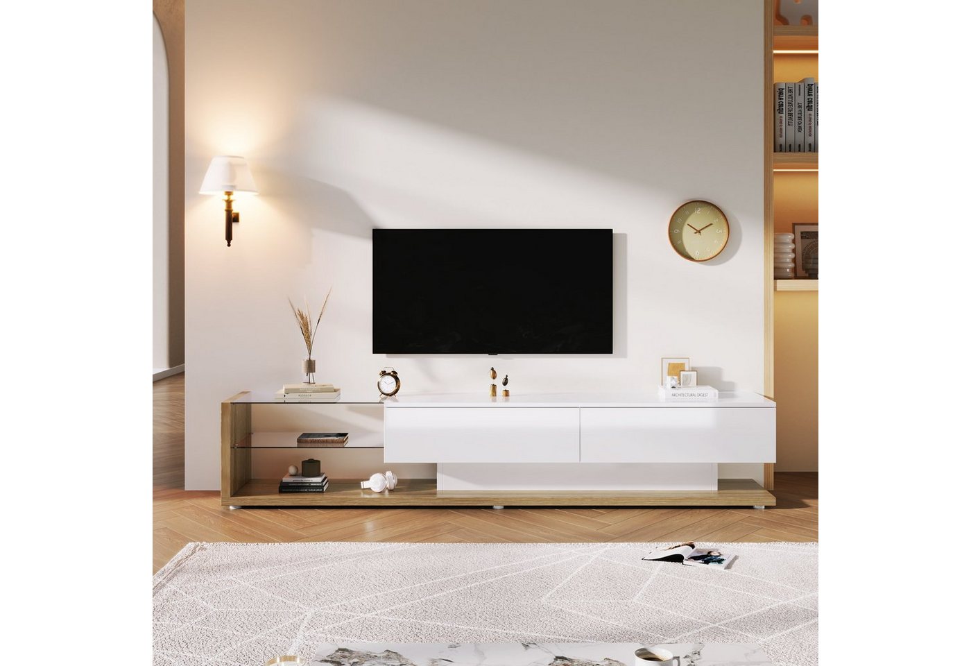 Celya TV-Schrank Glastrennwände und variable LED-Beleuchtung, Fernsehtisch TV Board Lowboards, Hochglanz-Wohnzimmermöbel von Celya