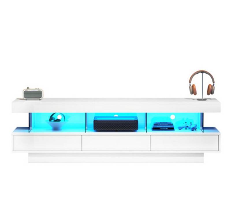 Celya TV-Schrank Hochglanz-TV-Schrank Weiß,3 Glasfächer,LED-Beleuchtung,App-Steuerung für 70-Zoll-TV,Hochglanz mit Glas-TV-Ständer,Smart TV-Schrank von Celya