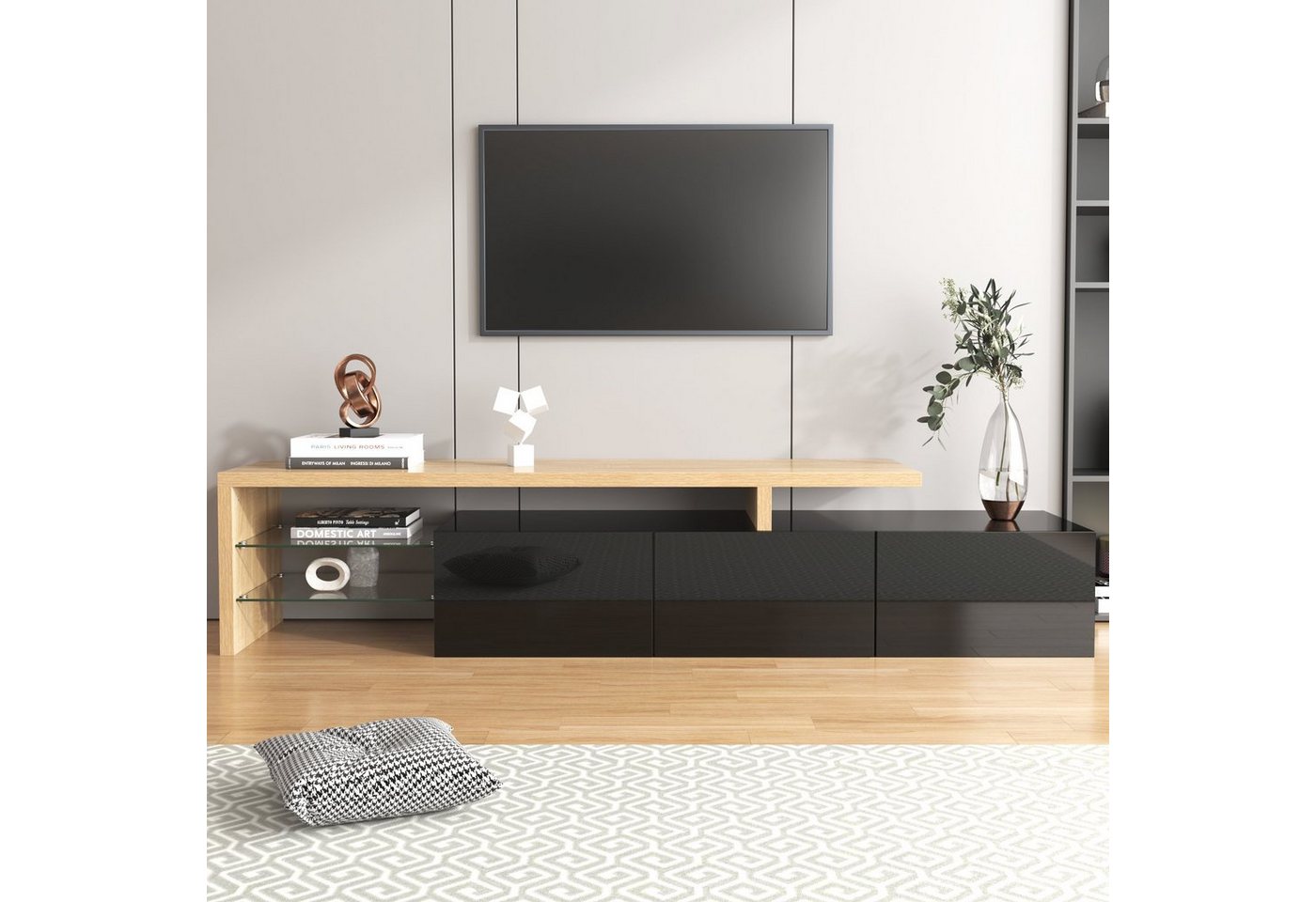 Celya TV-Schrank Modernes TV-Schrank-Design,LED-Beleuchtung,praktischer Stauraum Holzoptik, Glasböden, Hochglänzendes Schwarz von Celya