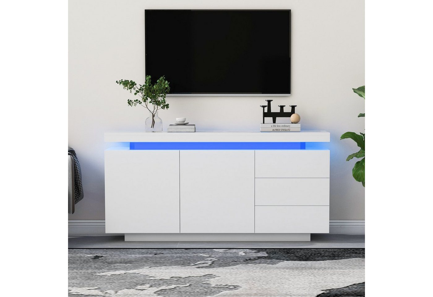 Celya TV-Schrank Sideboard TV-Schrank mit LED Licht Grifflose 2 Türen 3 Schubladen Standschrank Kommode Highboard, Sideboard mit LED, 2 Türen, 3 Schubladen von Celya