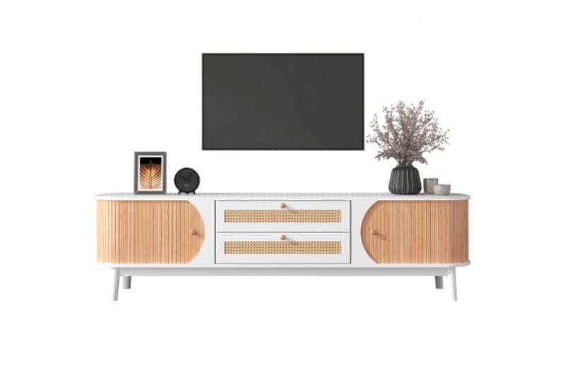 Celya TV-Schrank TV Board mit Türen und Schubladen, TV-Ständer mit Rattanseiten TV-Lowboard mit zwei Schiebetüren von Celya