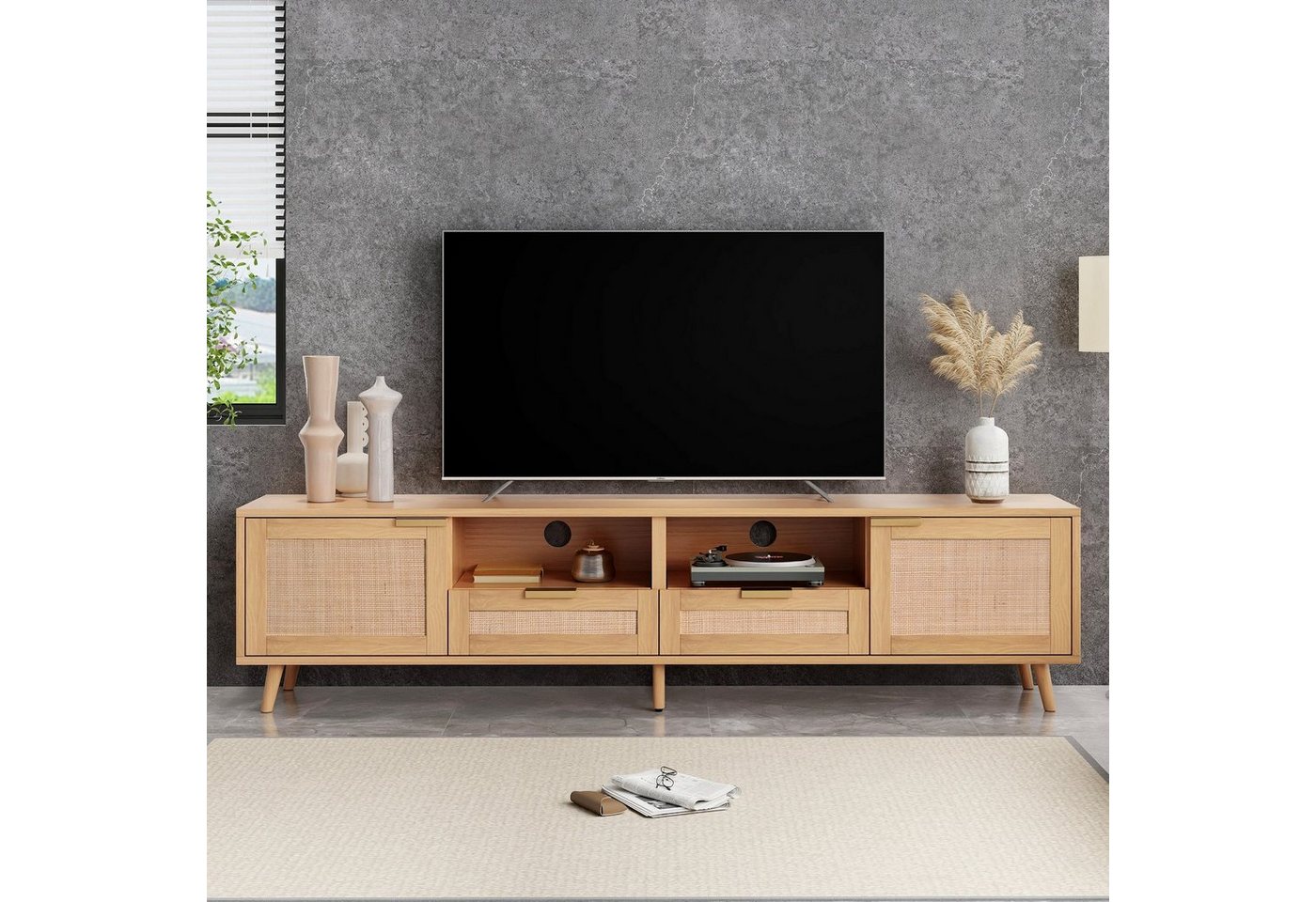 Celya TV-Schrank TV-Konsolentisch mit echtem Rattandesign, massiven Holzfüßen Geflochtener Rattan-TV-Boards, 2-Türen und 2-Schubladen, Verstellbare Tischbeine von Celya