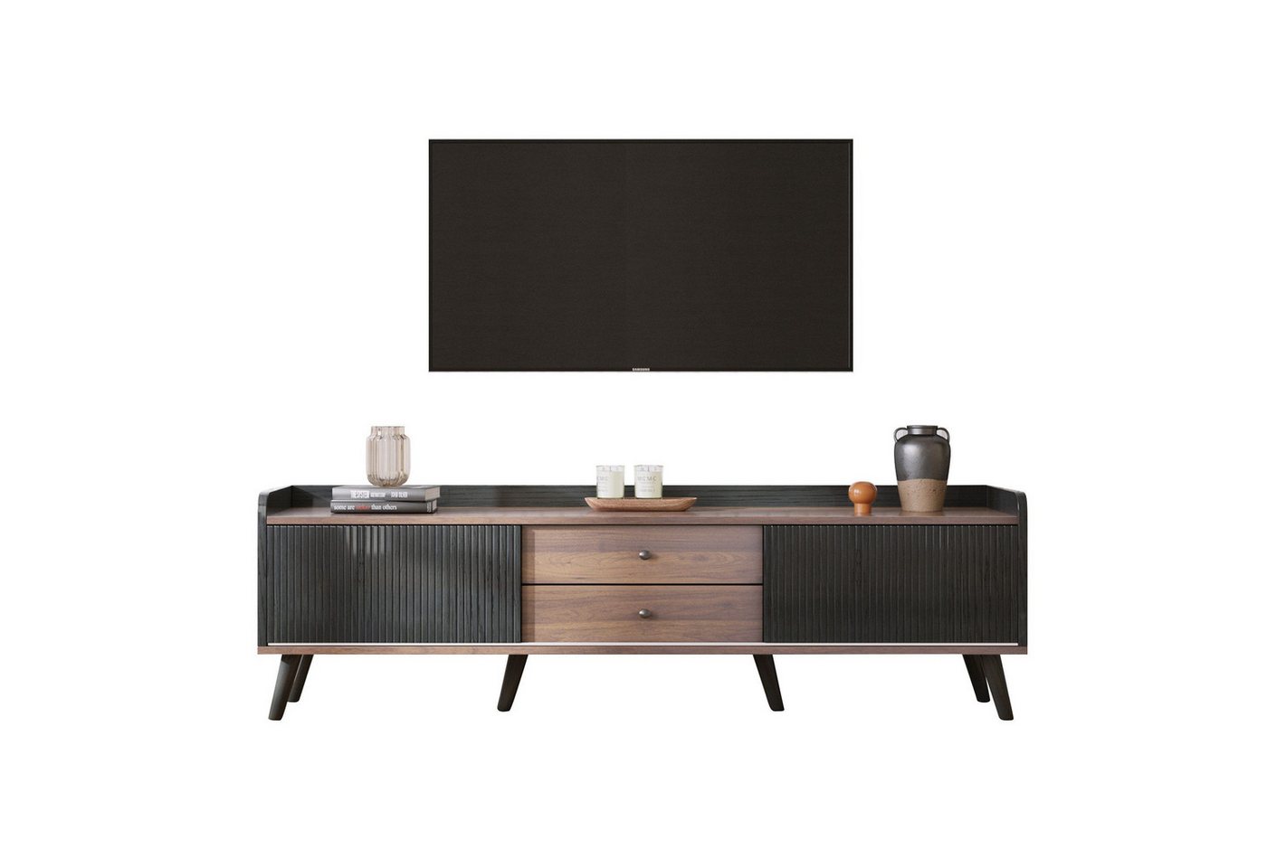 Celya TV-Schrank mit zwei Schubladen,H58/L160/T40 cm TV- Lowboard niedrige Platte mit zwei Schiebetüren, Exquisite Textur von Celya