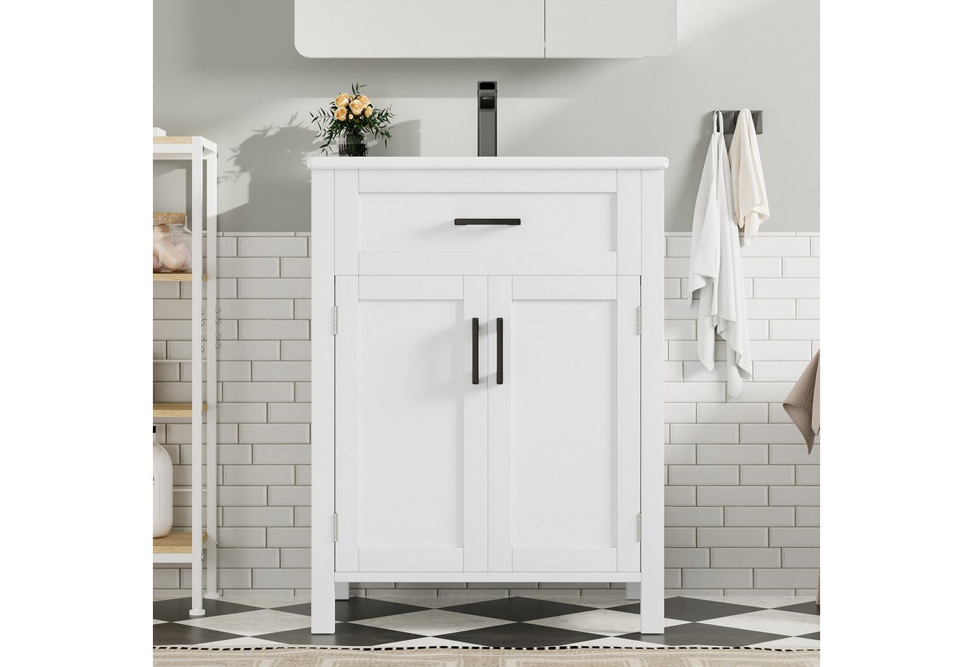 Celya Waschbeckenunterschrank 60 x 46 x 84,8 cm Bodenstehender Badezimmerschrank mit Waschbecken (integriertes Keramikwaschbecken,weiß) praktische Schubladen, verstellbare Regale von Celya