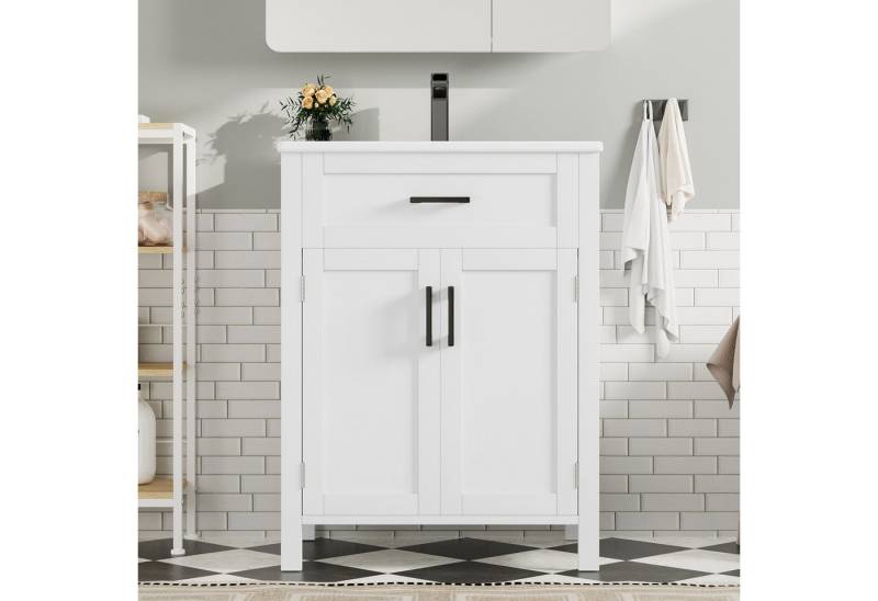 Celya Waschbeckenunterschrank 60 x 46 x 84,8 cm Bodenstehender Badezimmerschrank mit Waschbecken (integriertes Keramikwaschbecken,weiß) praktische Schubladen, verstellbare Regale von Celya