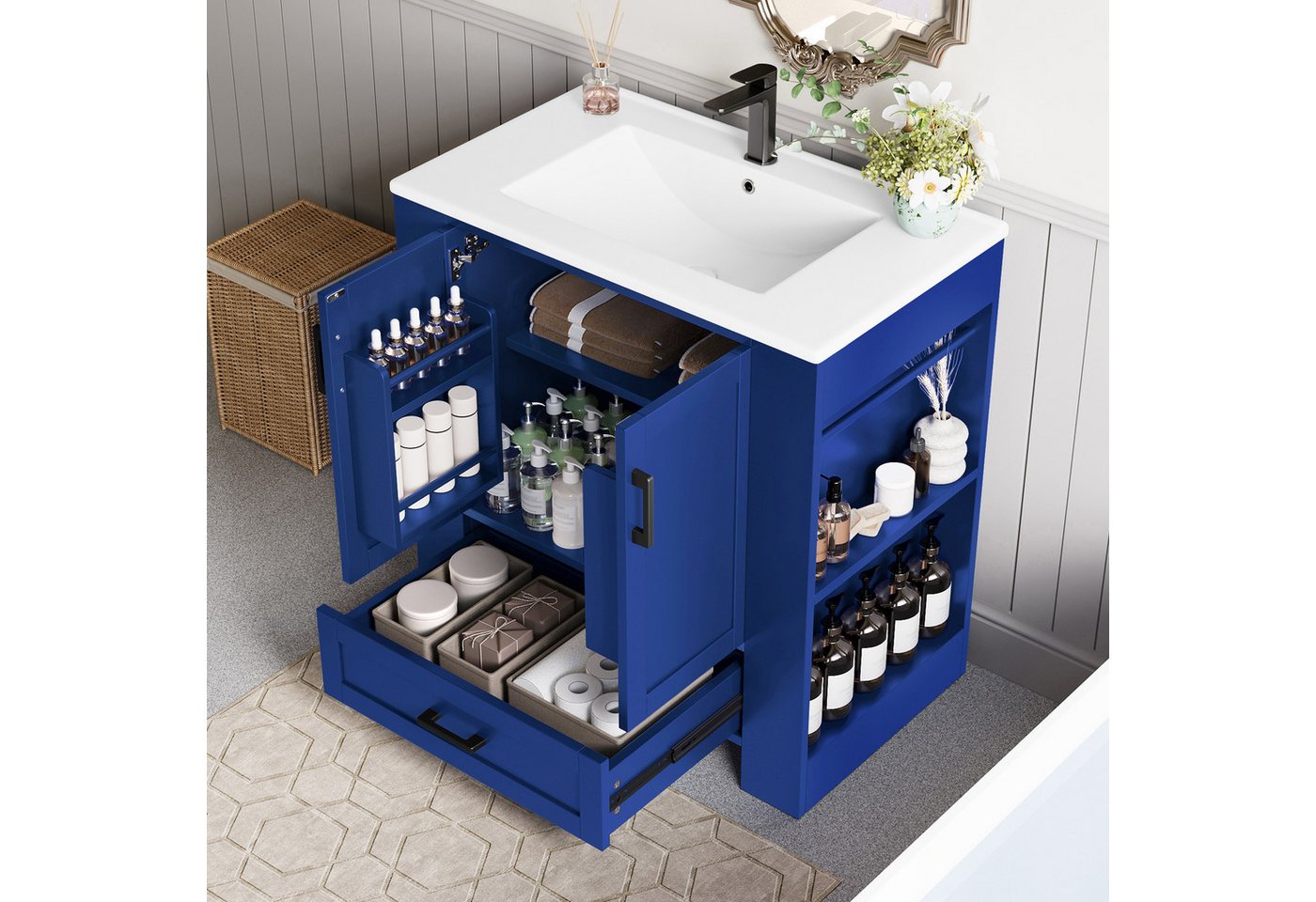 Celya Waschbeckenunterschrank 76 x 46 x 78.5cm Bodenstehender Badezimmerschrank (geräuschlose Schubladen, Regale auf beiden Seiten, integriertes Keramikwaschbecken, Blau) Waschtisch, komplett lackiert, Doppeltürregale von Celya