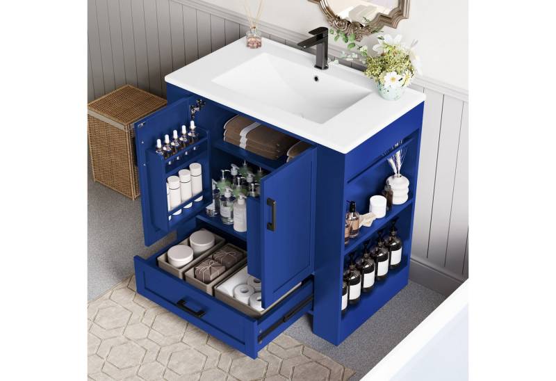 Celya Waschbeckenunterschrank 76 x 46 x 78.5cm Bodenstehender Badezimmerschrank (geräuschlose Schubladen, Regale auf beiden Seiten, integriertes Keramikwaschbecken, Blau) Waschtisch, komplett lackiert, Doppeltürregale von Celya