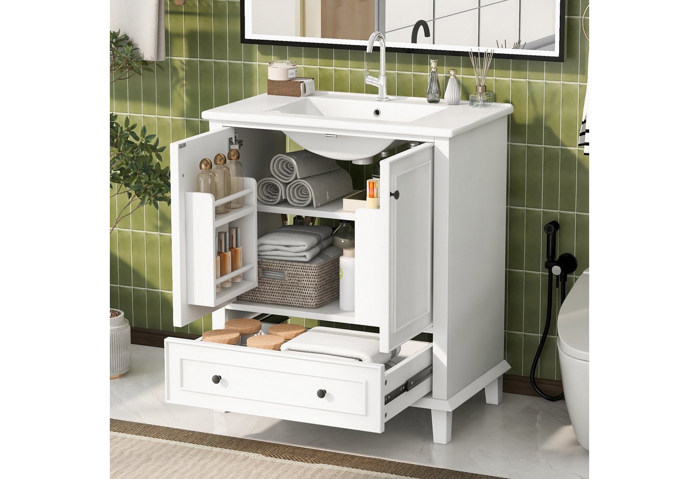 Celya Waschbeckenunterschrank 76x46x87cm Bodenstehender Badezimmerschrank mit Waschbeck (integriertes Keramikwaschbecken, weiß, feuchtigkeits- und wasserdicht, großer Stauraum) Waschtisch,Beine aus Massivholz, MDF-Material von Celya