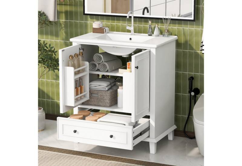 Celya Waschbeckenunterschrank 76x46x87cm Bodenstehender Badezimmerschrank mit Waschbeck (integriertes Keramikwaschbecken, weiß, feuchtigkeits- und wasserdicht, großer Stauraum) Waschtisch,Beine aus Massivholz, MDF-Material von Celya