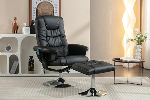 PU Upholstered Massage Recliner with Ottoman Footstool with 5 Points Massager for Living Room Bedroom (Chrome abgerundete Basis, Schwarz) von Celya