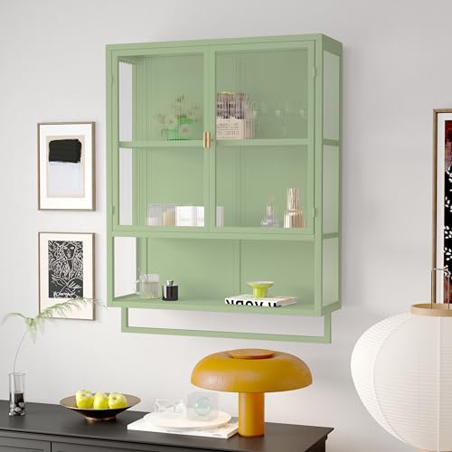 Retro Welle Glastür Wandschrank mit abnehmbaren Regalen, passend für Büros, Esszimmer, Wohnzimmer, Küchen und Badezimmer (grün) von Celya