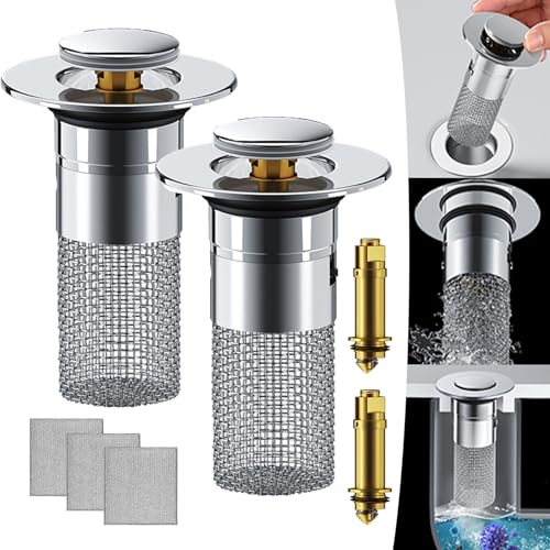 Press Type Sink Wash Basin Water Plug Drain, 2024 New Upgraded Pop Up Drain Filter for Bathroom Sink Strainer, Bathroom Sink Drain Cover with Stainless Steel Filter Basket Hair Catcher (2Pcs) von Cemssitu