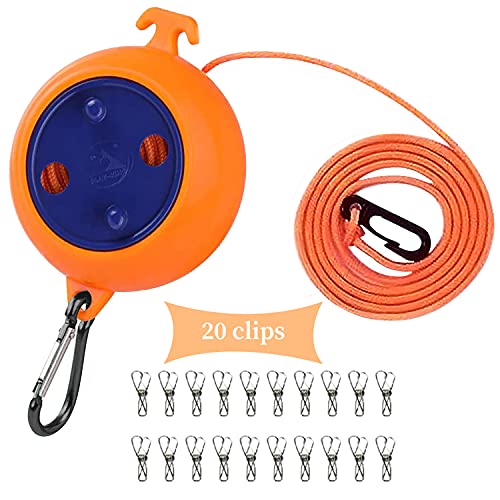 Wäscheleine Ausziehbar, Tragbare 10M Wäscheleine Camping Zubehör, Einziehbare Reisewäscheleine Camping Gadget für Hotelausflüge, Garten, Outdoor/Innenbereich mit 20 winddichten Wäscheklammern von CenYouful
