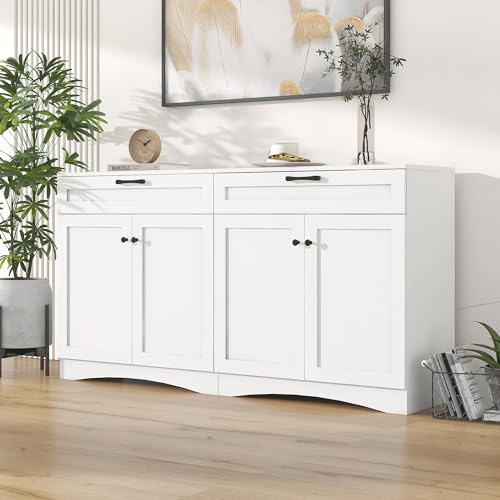 160*40*85cmAnrichte,Wohnzimmer-Sideboard mit 2 Schubladen,Beistelltisch mit geschwungenem Design und schwarzem Griff, Mit 2 großen Schränken, insgesamt 7 Ablagefächer,Weißer schlichter Schrank von Cenbunsh