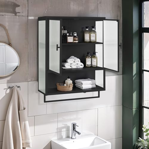 Cenbunsh 60CM Glass Doors Modern Two-Door Wall Cabinet with Featuring Two-Tier Enclosed Storage, an Open Shelf, and Towel Rack, for Entryway Living Room Bathroom Dining Room,Black von Cenbunsh