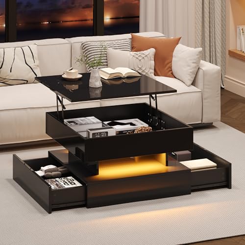 Cenbunsh 65 x 65 x 38.5 cm anhebbarer Wohnzimmertisch,Beistelltisch,Hochglanz-Couchtisch,Sofatisch mit 2 Schubladen, Kaffeetisch mit geometrischem Design und verstecktem Stauraum,Schwarz von Cenbunsh