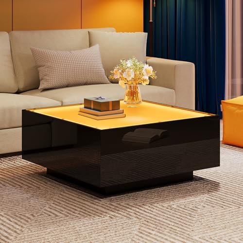 Cenbunsh 70 * 70 * 36cm Couchtisch mit Glastischplatte, geometrischer Kaffeetish, hochglänzende Wohnzimmertisch, Sofatisch,Beistelltisch,geeignet für kleine Räum,Schwarz von Cenbunsh