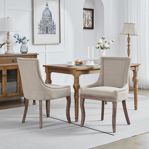Cenbunsh A&A Furniture,Ultra Side Dining Chair,Thickened Fabric Chairs with neutrally Toned solid Wood Legs,Bronze Nail Head,Set of 2,Beige von Cenbunsh