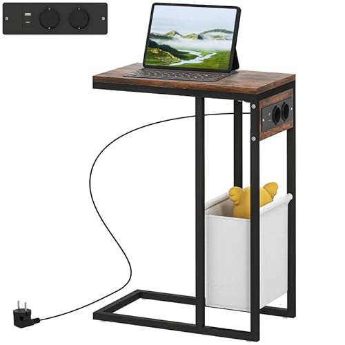 Cenbunsh Beistelltisch Couchtisch in C-Form mit Tragetasche, Industrie Nachttisch mit USB-Anschlüssen, Steckdosen für Wohnzimmer, Schlafzimmer, Rustikal-Braun von Cenbunsh