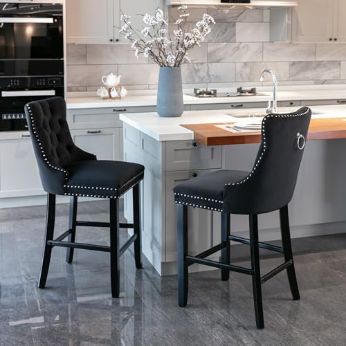 Cenbunsh Contemporary Velvet Upholstered Barstools with Button Tufted Decoration and Wooden Legs, and Chrome Nailhead Trim, Leisure Style Bar Chairs,Bar stools, Set of 2 (Black) von Cenbunsh
