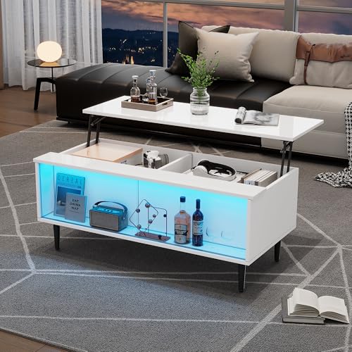 Cenbunsh Couchtisch Höhenverstellbarer Kaffeetisch mit Verstecktem Stauraum, wohnzimmertisch Mit Lumineszenz-Licht,Sofatisch mit Stauraum und Ausstellungsfläche aus gehärtetem Glas, Weiß Mit 4 Beinen von Cenbunsh