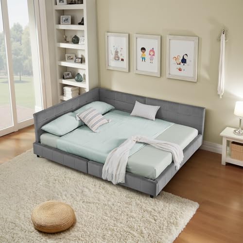 Cenbunsh Doppelbett 140 * 200 cm mit Polsterung, weiches hautfreundliches Samt, L-förmiges Eckbettgestell, robuste Eukalyptus- und Eisenlatten, einfach zu montieren, Dark Gray (ohne Matratze) von Cenbunsh
