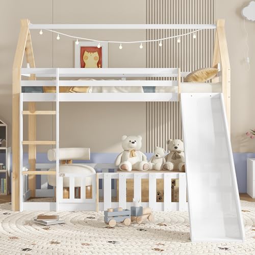 Cenbunsh Etagenbett, Exquisite Dachform, Mit Lustige Kinderrutsche, Freier Raum mit Zaun, Stabile Lattenroste und Leiter, Kiefer + MDF + Sperrholz, Weiß+Natur, 90x200cm von Cenbunsh
