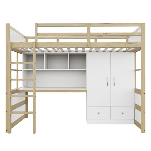 Cenbunsh Hochbett 90 x 200 cm, Mit Leiter, Mit Schreibtisch mit Stauraum, Mit Kleiderschrank und Schubladen, Jugendbett, Einzelbett, Holzfarbe von Cenbunsh