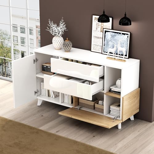 Cenbunsh Hochglänzendes Weißes Sideboard mit Stauraum, ESS-Sideboard, Moderner Wohnzimmerschrank, skandinavischer Stil, holzfarbene Elemente, modularer Innenraum von Cenbunsh