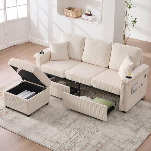 Cenbunsh Hochwertiges Samtsofa, inklusive Stauraum-Fußteil, praktischen Getränkehaltern und Seitentaschen – Premium Qualität für Wohnzimmer, Schlafzimmer oder Büro.Beige von Cenbunsh