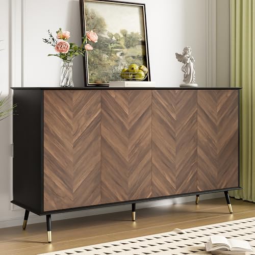 Cenbunsh Modernes Sideboard mit Fischgrätmuster – Buffet Schrank mit 4 Türen & höhenverstellbaren Regalen – MDF Holz & Metallfüße – Stauraum für Wohnzimmer, Flur & Esszimmer von Cenbunsh