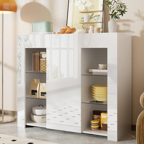 Cenbunsh Modernes Weißes Buffet mit Hochglanz-Front – Kompakte, stilvolle Aufbewahrungslösung mit Glasregalen und Schranktür für Wohnzimmer, Esszimmer oder Küche – 95x35x83 cm von Cenbunsh