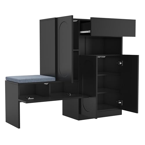 Cenbunsh Trendiger 2-in-1 Schuhschrank mit gewölbten Türen – Klapptür mit Soft-Close-Funktion, höhenverstellbaren Fächern und gepolsterter Sitzbank, Schwarz, 130×35×110cm von Cenbunsh