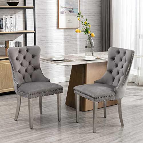 Furniture,Nikki Collection Modern, High-end Tufted Solid Wood Contemporary Velvet Upholstered Dining Chair with Chrome Stainless Steel Plating Legs,Nailhead Trim,Set of 2,Gray and Chrome von Cenbunsh