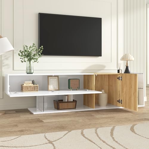 Moderne TV-Kommode in Hochglanz Weiß mit Holzoptik und Glasregalen – 180 cm, Stilvoller TV-Schrank mit Praktischer Aufbewahrung für Wohnzimmer, Minimalistisches Design, Hochwertige Verarbeitung von Cenbunsh