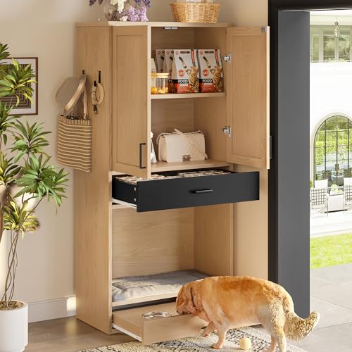 Multifunktionaler Tierschrank in Eichenoptik 160cm hoch–Futterstation mit Napf,Hundebett,Stauraum und Haken–Tiermöbel und Küchenschrank für Flur, Küche oder Wohnzimmer,Futterstationen,Mehrzweckschränk von Cenbunsh