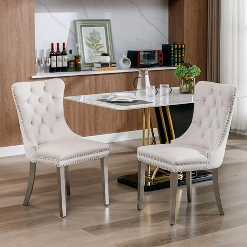 Nikki Collection Modern, High-end Tufted Solid Wood Contemporary Velvet Upholstered Dining Chair with Chrome Stainless Steel Plating Legs,Nailhead Trim,Set of 2,Beige and Chrome von Cenbunsh