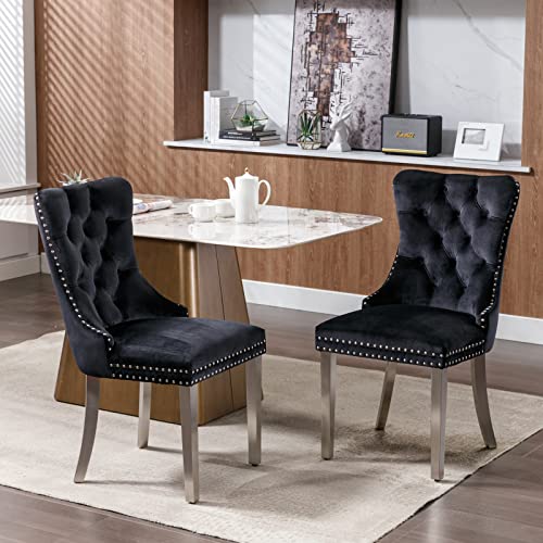Nikki Collection Modern, High-end Tufted Solid Wood Contemporary Velvet Upholstered Dining Chair with Chrome Stainless Steel Plating Legs,Nailhead Trim,Set of 2,Black and Chrome, DE1701BK von Cenbunsh