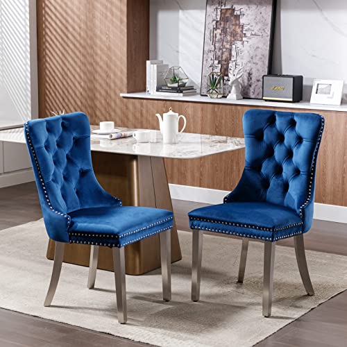 Nikki Collection Modern, High-end Tufted Solid Wood Contemporary Velvet Upholstered Dining Chair with Chrome Stainless Steel Plating Legs,Nailhead Trim,Set of 2,Blue and Chrome von Cenbunsh
